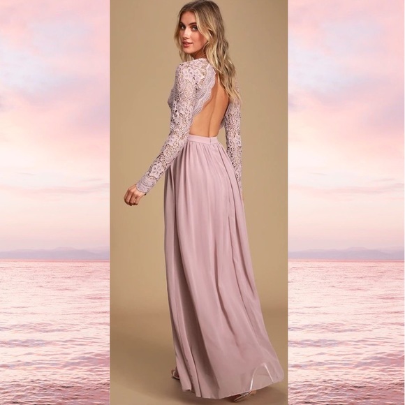 SOLD RARE Lulus Awaken My Love Dusty Lavender Long Sleeve Lace Maxi Dress - Picture 7 of 16